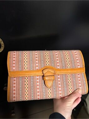 Stylish Pink Patterned Women's Clutch with Tan Trim